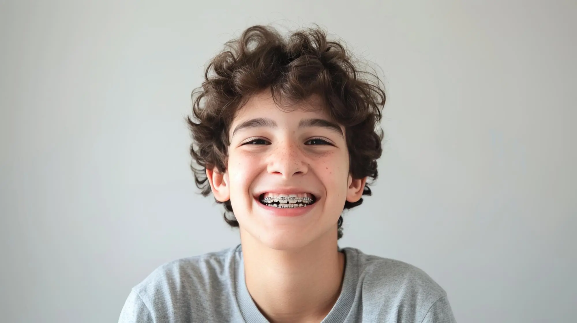 A smiling child with curly hair and braces on their teeth, representing the benefits of adult orthodontics at Chauncey Orthodontics in Henderson, NV.