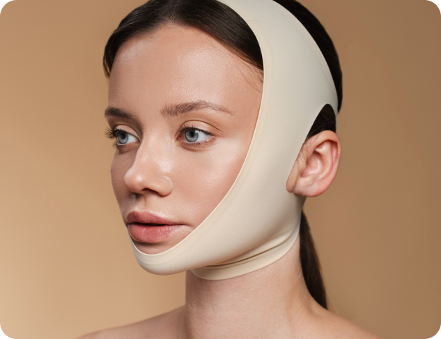 A woman with a neutral expression is pictured wearing a beige chin strap, likely after jaw surgery, at Chauncey Orthodontics in Henderson, NV.